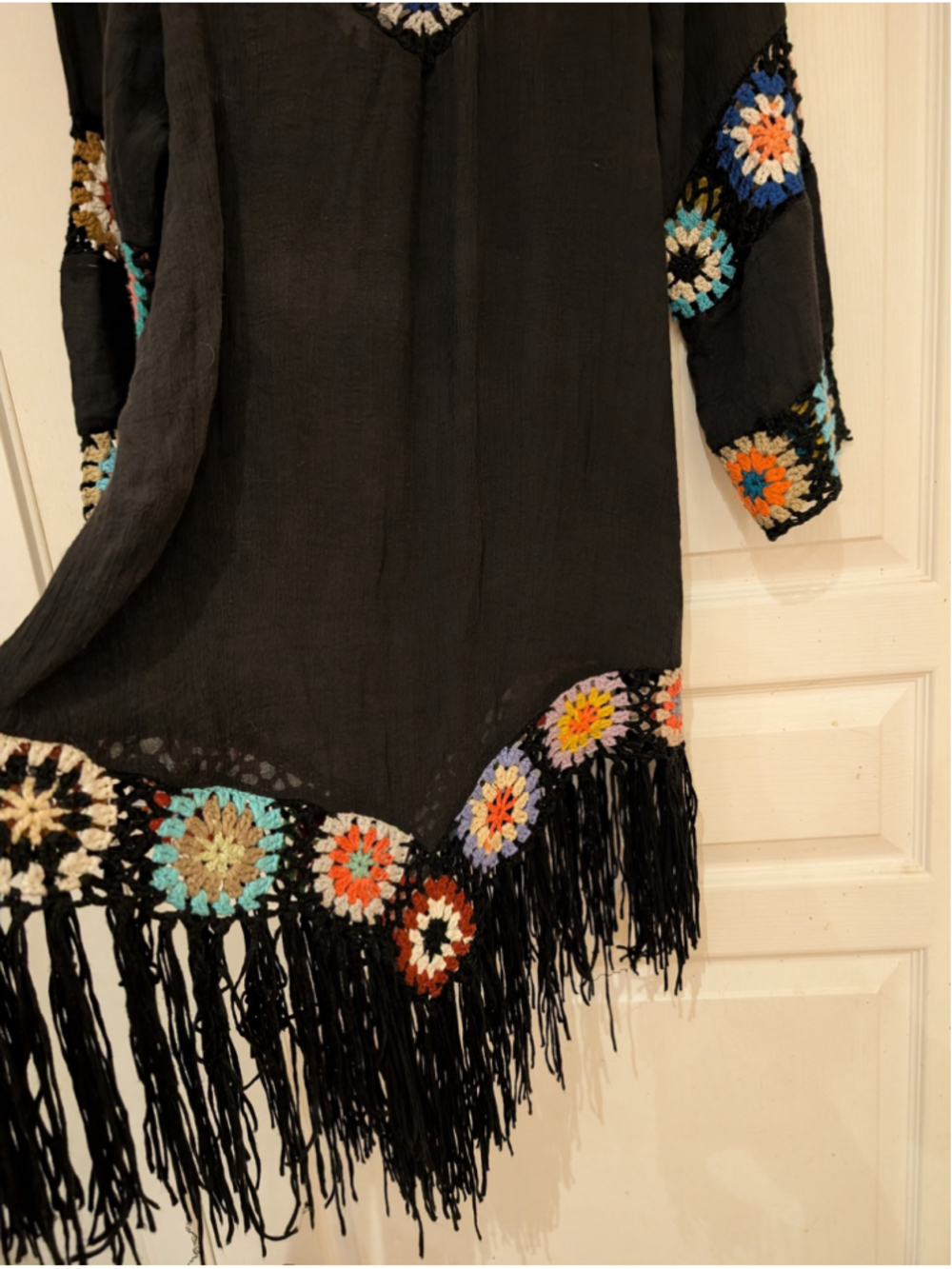 702 - ASHA Black Crochet Granny Square Fringe Boho Tunic Dress - Picture 6 of 10